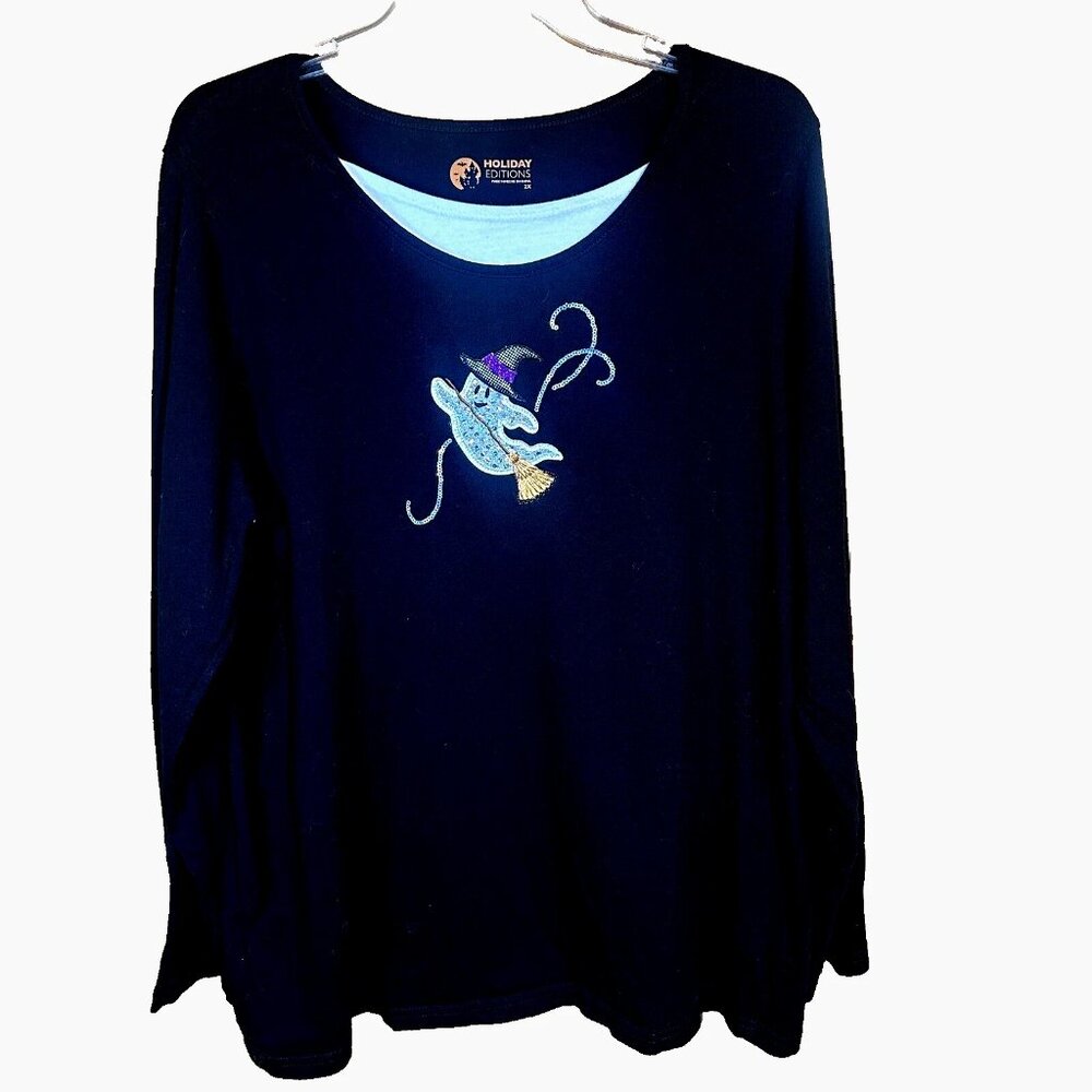 Witchy Ghost Halloween Tee 2X Black Sequin Embroidered Plus Size Spooky Cute